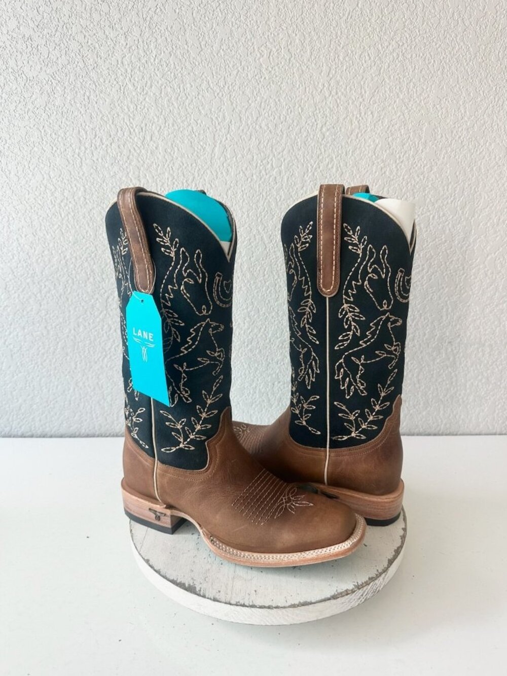 Lane BRIDLEWOOD Womens Square Toe Cowboy Boots Brown Navy Western Cowgirl 8.5